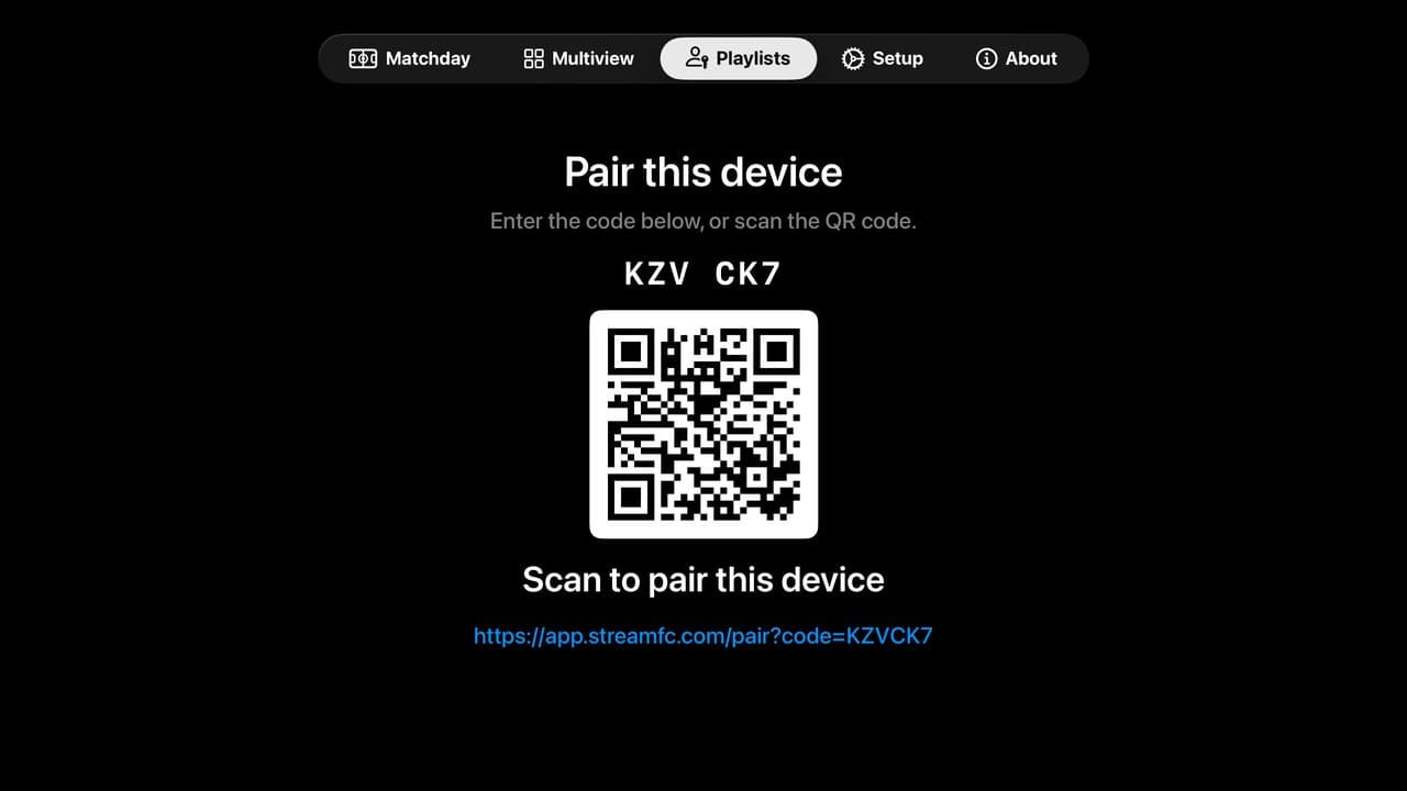 Apple TV Playlists tab showing Pair this device, the code KZV CK7, a QR code and the pairing link