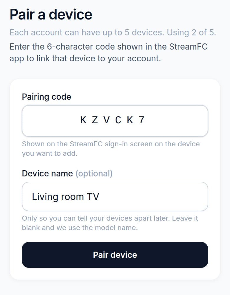 Pair a device page with the pairing code KZVCK7 and the device name Living room TV filled in