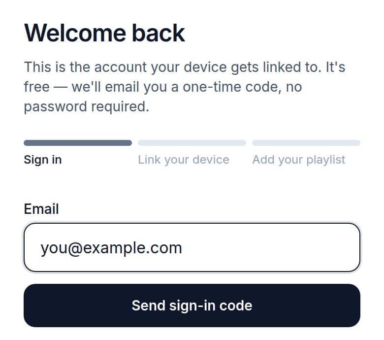 StreamFC sign-in page with an email field and a Send sign-in code button