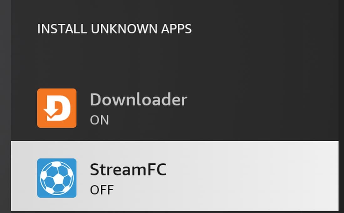 Fire TV's Install unknown apps list, with Downloader switched ON and StreamFC still OFF